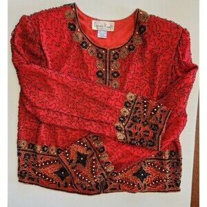 Vtg Laurence Kazar Womens XL Jacket Beaded Sequin Black Red Gold
